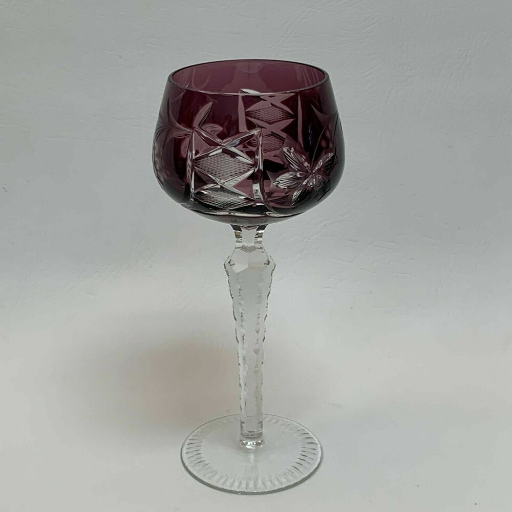 Lausitzer Cut Glass Wine Stem Purple Amethyst Grapes Crisscross 7 5/8" High